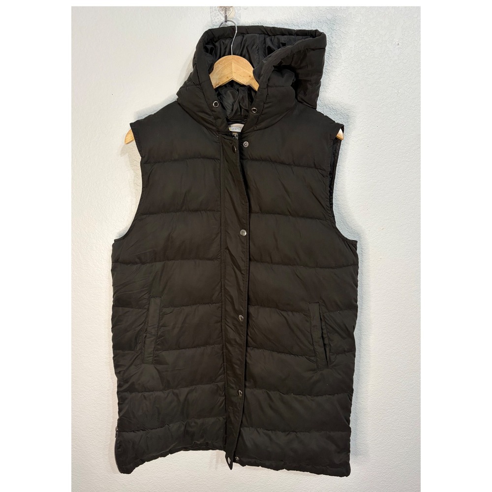 Zella Black Longline Puffer Vest Hooded Quilted Sleeveless Jacket Womens Medium
